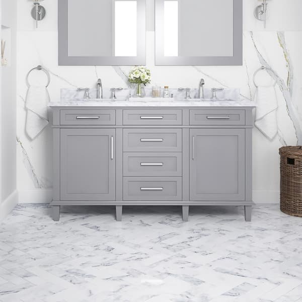 Home Decorators Collection Sonoma 60 in. Double Sink Freestanding Pebble Gray Bath Vanity with Carrara Marble Top (Assembled)