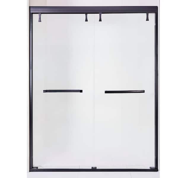 60 in. W x 76 in. H Double Sliding Semi-Frameless Shower Door in Matte Black Finish with Clear Glass