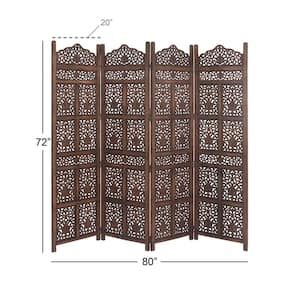 6 ft. Handmade Hinged Foldable Partition Brown Floral 4 Panel Room Divider Screen with Intricately Carved Designs