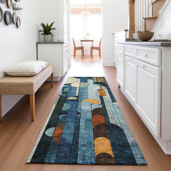 Mayfield Premium Machine Washable Abstract AMF1125 Blue 2 ft. 3 in. x 7 ft. 6 in. Runner Rug
