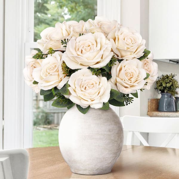 LIVING LUXURY 17 in. Deluxe Ivory Artificial Elegant Rose Flower Stem Bush Bouquet (Set of 2)
