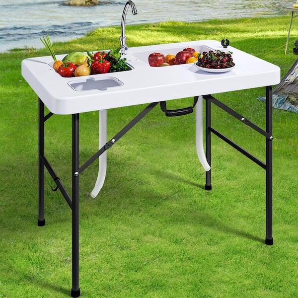2-in-One 40 in. Portable Folding Fish Cleaning Patio Dining Table with Deep Sink, Faucet and Accessories