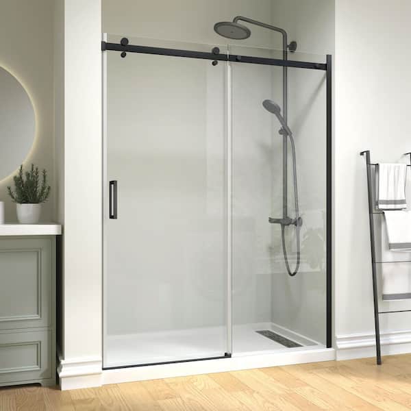 Modern 60 in. W x 74 in. H Single Sliding Frameless Shower Door in Matte Black Finish with 5/16 in. (8mm) Clear Glass