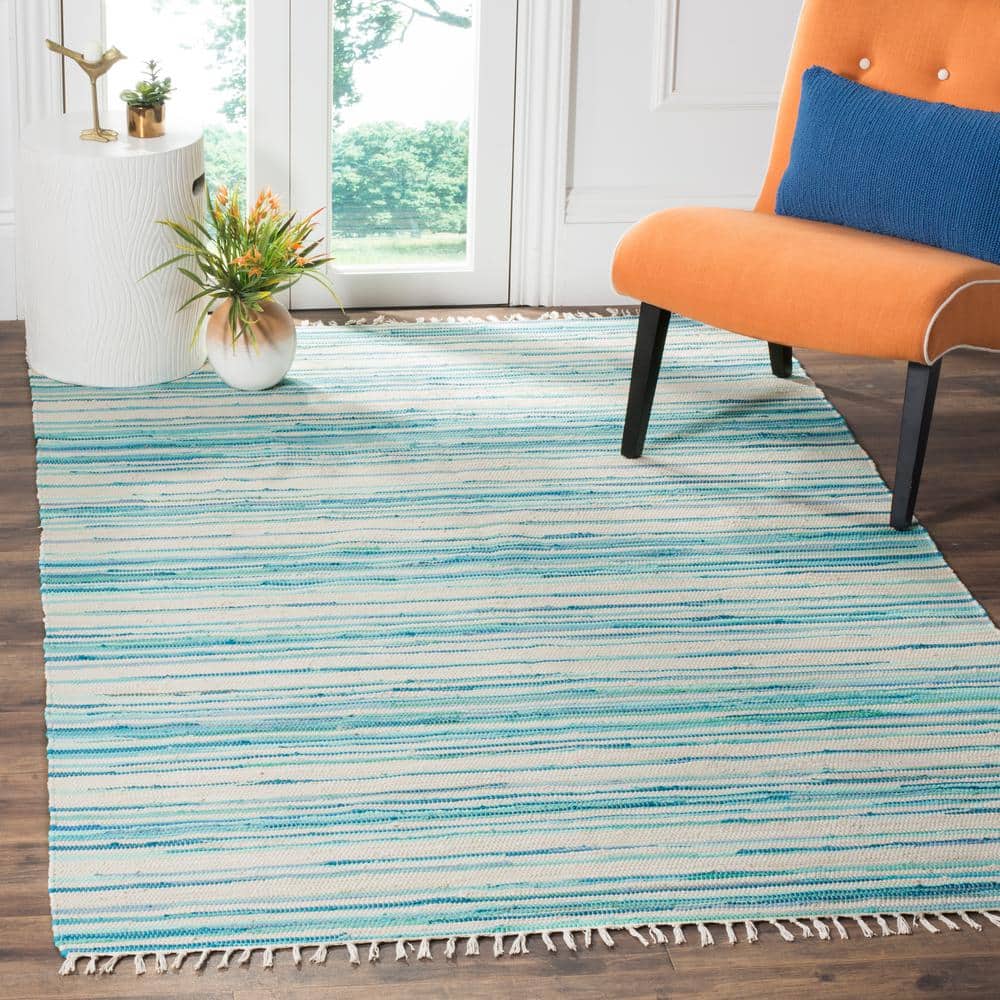 Ivory and Green Handwoven Wool Cotton Striped Area Rug 2' x 3'