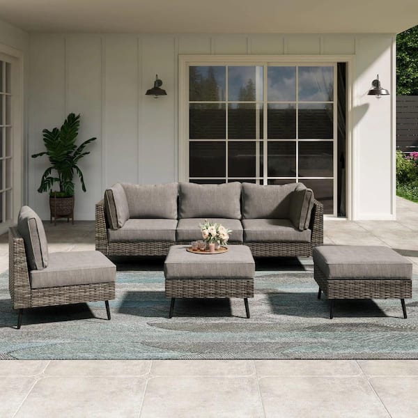 LAUSAINT HOME 6-Piece Gray Wicker Outdoor Sectional Set with Gray Cushions