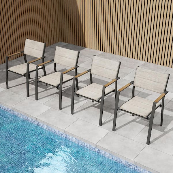 4-Piece Black Aluminum Sling Patio Dining Chair with Teak-Look Armrests