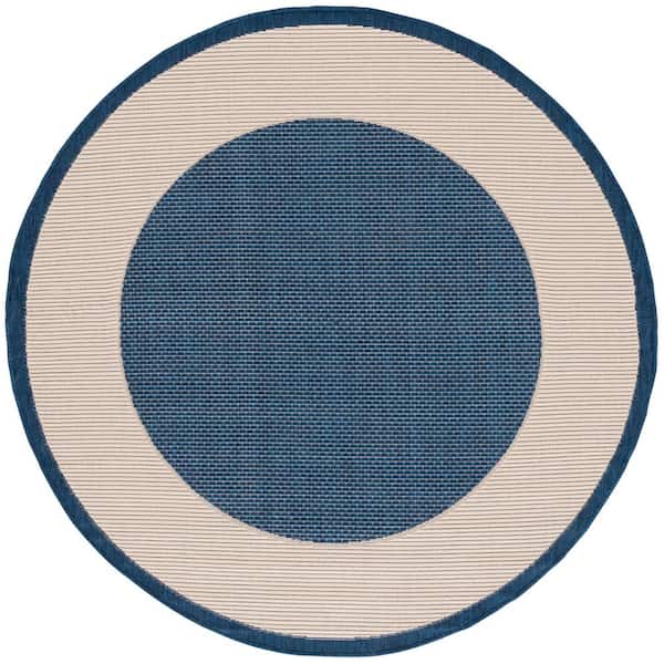 Courtyard Navy/Beige 4 ft. x 4 ft. Border Solid Color Indoor/Outdoor Round Area Rug