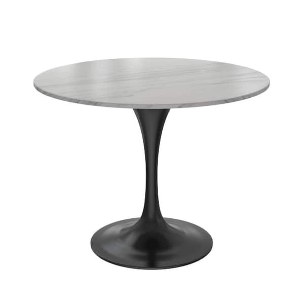 Leisuremod Verve Dining Table with a 36 in. Round Sintered Stone Tabletop and Black Steel Pedestal Base, White