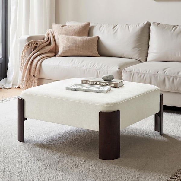 Savana Ivory Polyester Rectangle Ottoman with Solid Wood Legs