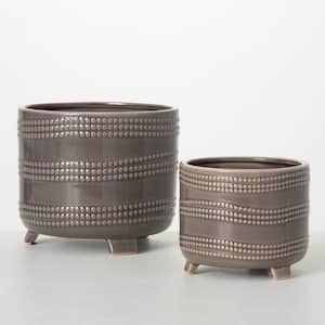 7.25 in. and 5.25 in. Gray Beaded Texture Footed Ceramic Pots (Set of 2)