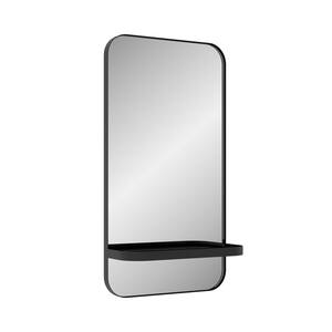 16 in. W x 30 in. H Rectangular Metal Framed Wall Bathroom Vanity Mirror in Black with Shelf