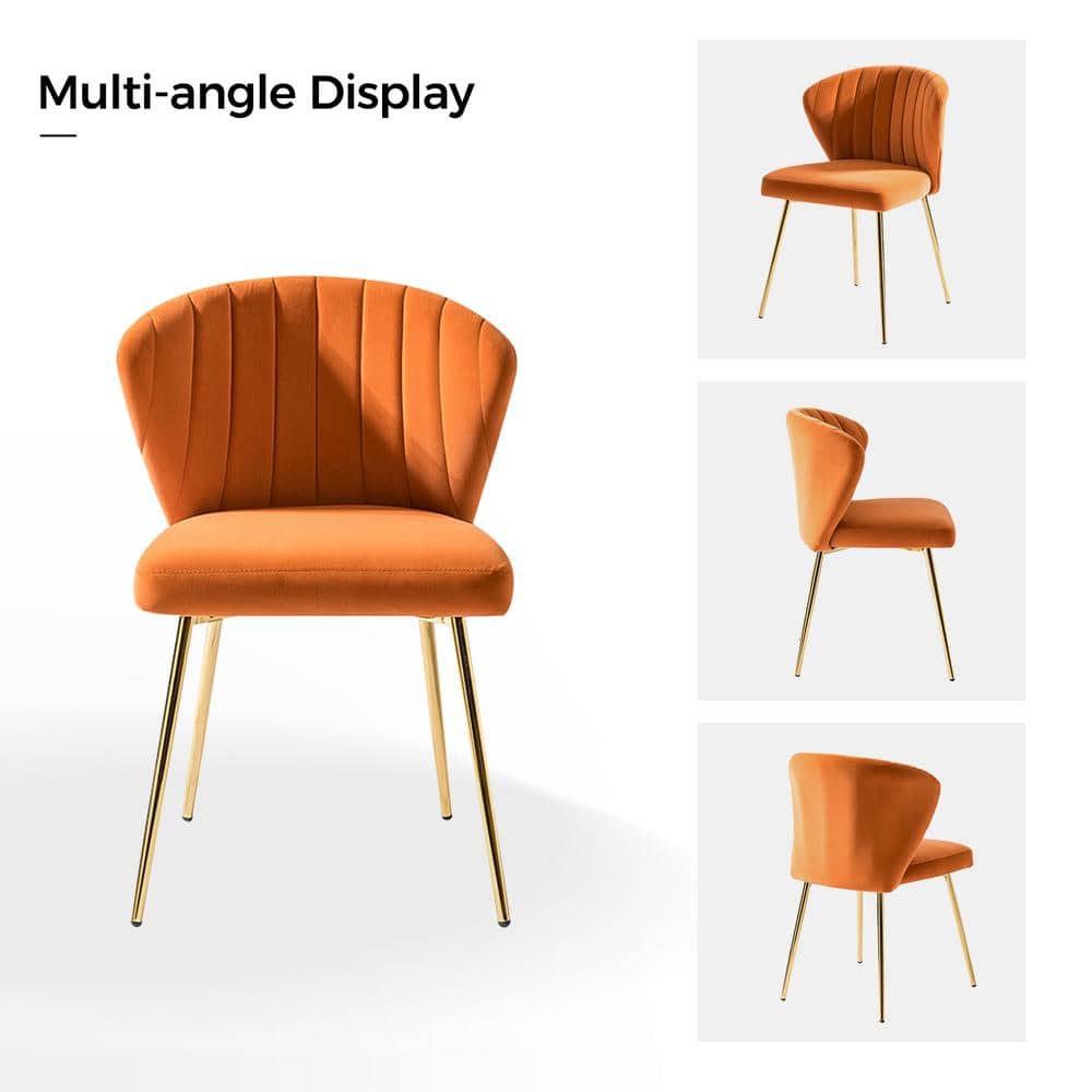 Elegant Orange Velvet Upholstered Side Chair with Gold Metal Legs