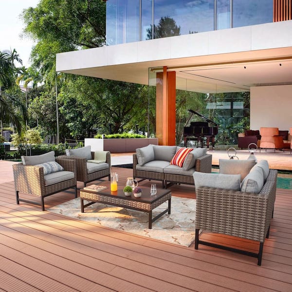 Patio Festival Right-Angle 7-Piece Wicker Patio Conversation Seating Set with Gray Cushions