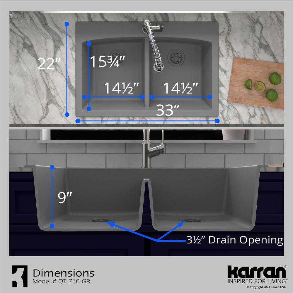 Gray Quartz 33'' Double Bowl Farmhouse Kitchen Sink Kit