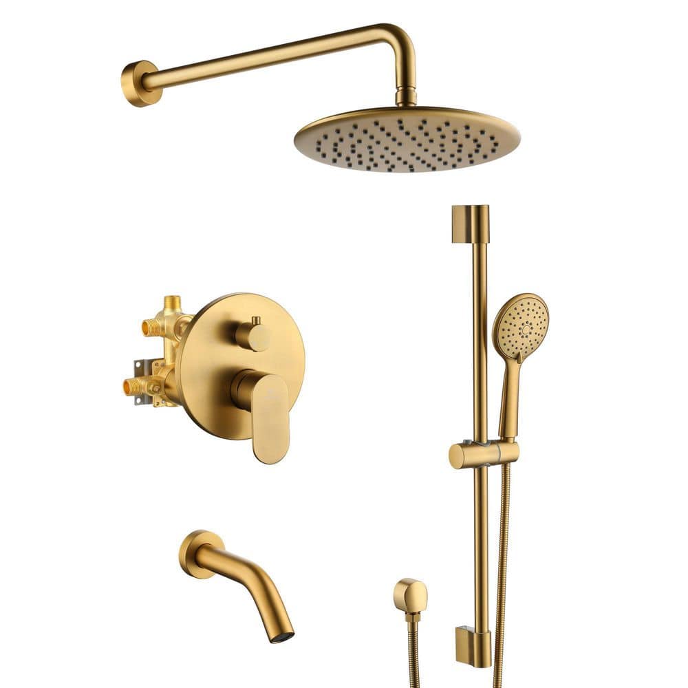 Mondawe Retro Series 3-Spray Patterns with 1.8 GPM 9 in. Rain Wall Mount Dual Shower Heads with Handheld and Spout in Gold -  MD-A3816-BG3