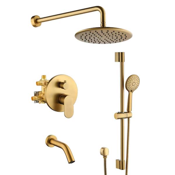 Mondawe Retro Series 3-Spray Patterns with 1.8 GPM 9 in. Rain Wall Mount Dual Shower Heads with Handheld and Spout in Gold