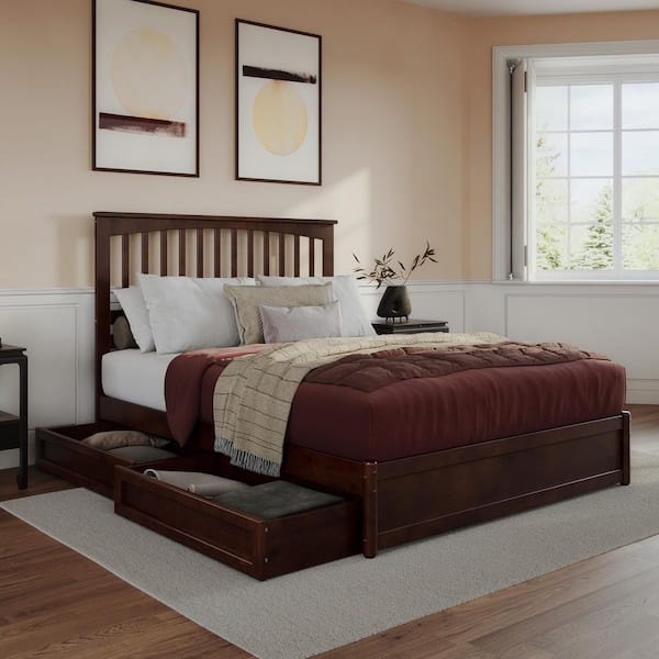 AFI Everett Walnut Brown Solid Wood Frame Queen Platform Bed with Panel Footboard Storage Drawers