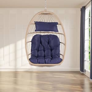 28.5 in. Wicker Rattan Foldable Patio Hanging Swing Chair with Blue Cushions (No Stand)