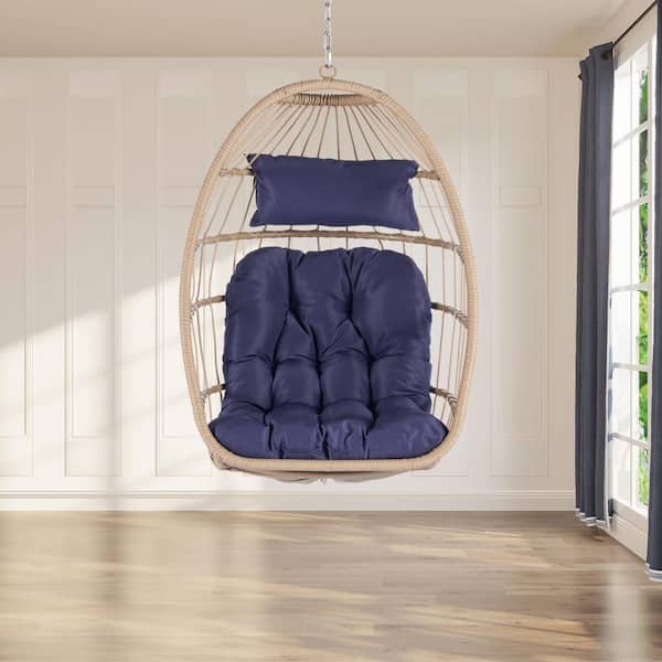 AUTMOON 28.5 in. Wicker Rattan Foldable Patio Hanging Swing Chair with Blue Cushions (No Stand)