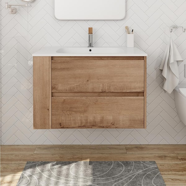 Staykiwi 30 in. W x 18 in. D x 19 in. H Floating Bathroom Vanity in Imitative Oak with White Top and Acrylic Sink