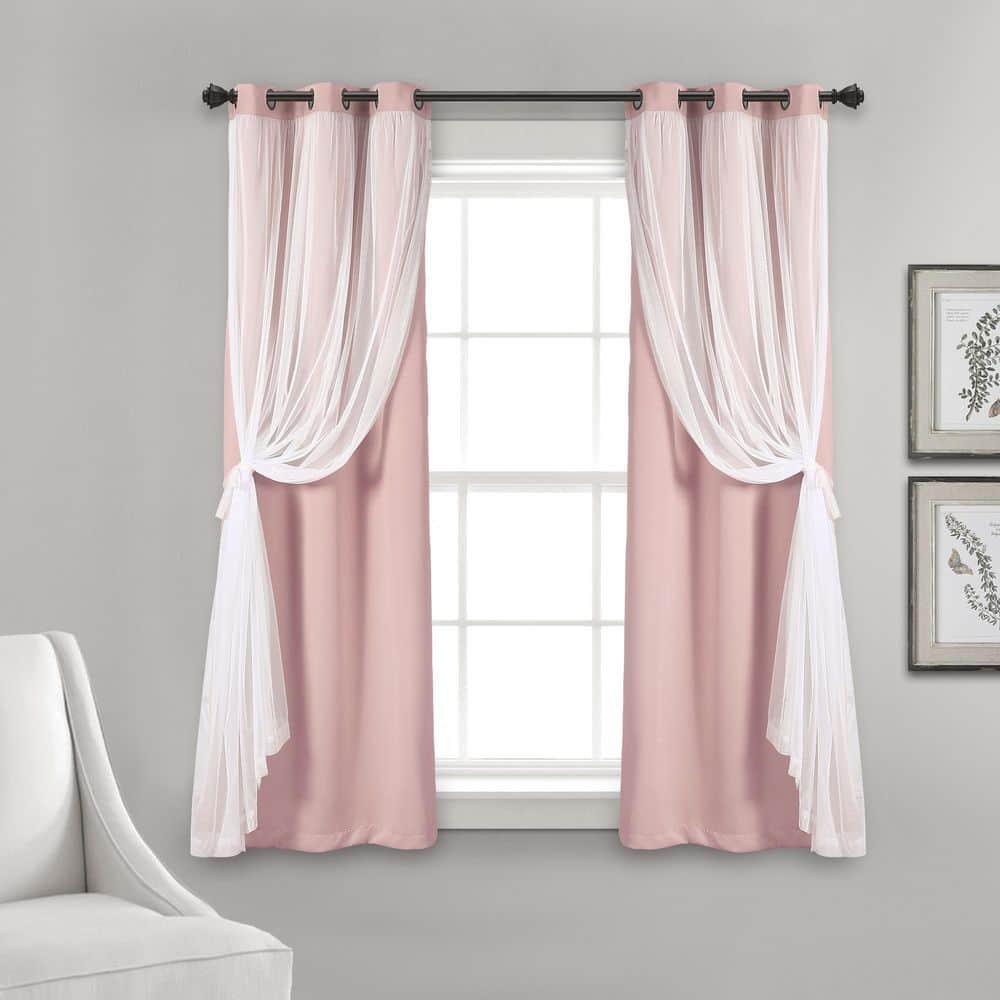 Pink Polyester Blackout Grommet Window Panels with Sheer Overlay