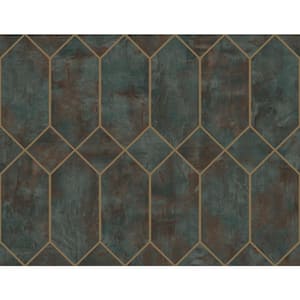60.75 sq. ft. Rust Forest Green and Metallic Gold Geo Faux Paper Unpasted Wallpaper Roll