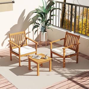 3-Piece Wood Patio Conversation Set with White soft Cushions