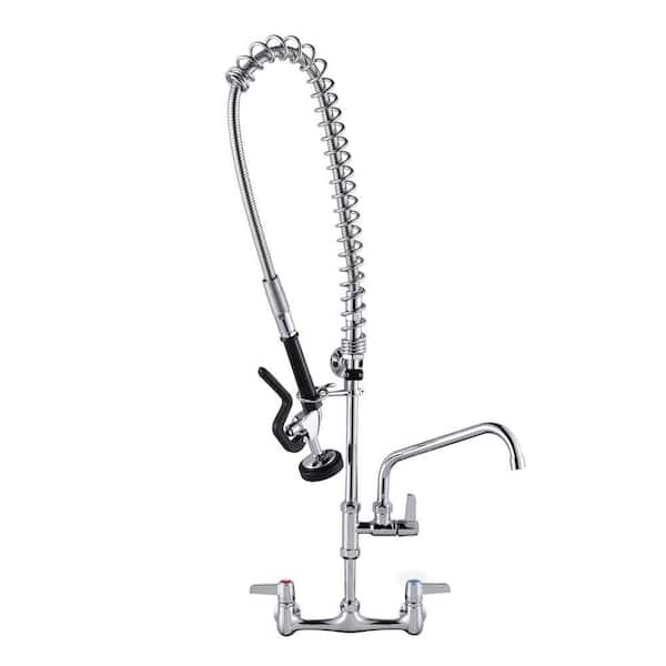 Commercial Triple Handle Wall Mount 36 in. Pull Down Sprayer Kitchen Faucet with Pre-Rinse Sprayer Solid Brass in Chrome