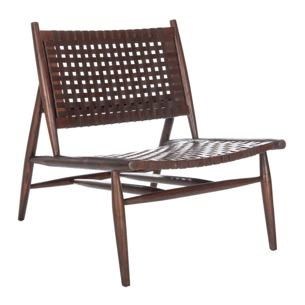 Transitional Brown Leather and Sungkai Wood Armless Accent Chair