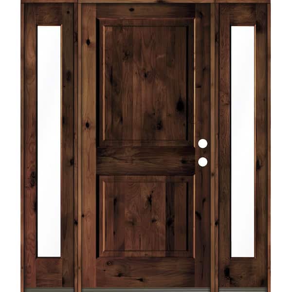 Krosswood Doors 64 in. x 80 in. Rustic Knotty Alder Square Top Red Mahogany Stained Wood Left Hand Single Prehung Front Door