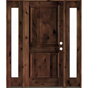 70 in. x 80 in. Knotty Alder Left-Hand/Inswing Clear Glass Red Mahogany Stain Square Top Wood Prehung Front Door