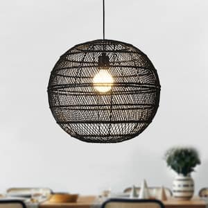1-Light Black Globe Pendant Light with Rattan Shade, No Bulbs Included