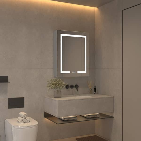 24 in. W x 30 in. H Rectangular Silver Aluminum Surface Mount LED Medicine Cabinet with Mirror and USB Outlet