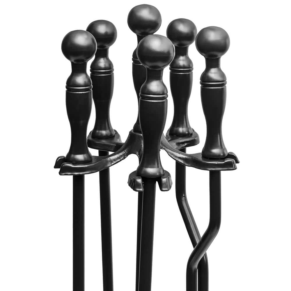 Black Wrought Iron 5-Piece Fireplace Tool Set with Stand