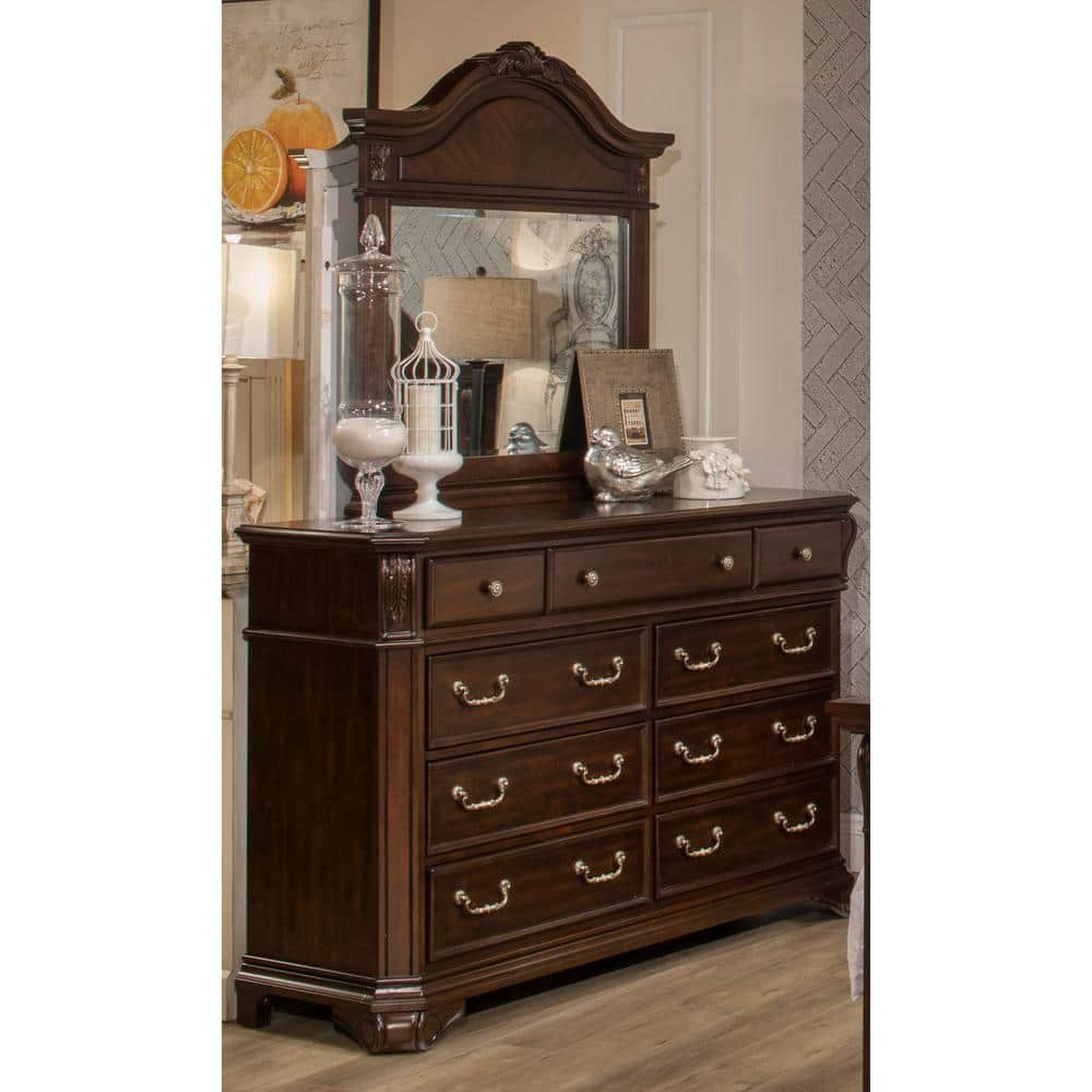 Tudor Brown Wood 66" 9-Drawer Dresser with Mirror
