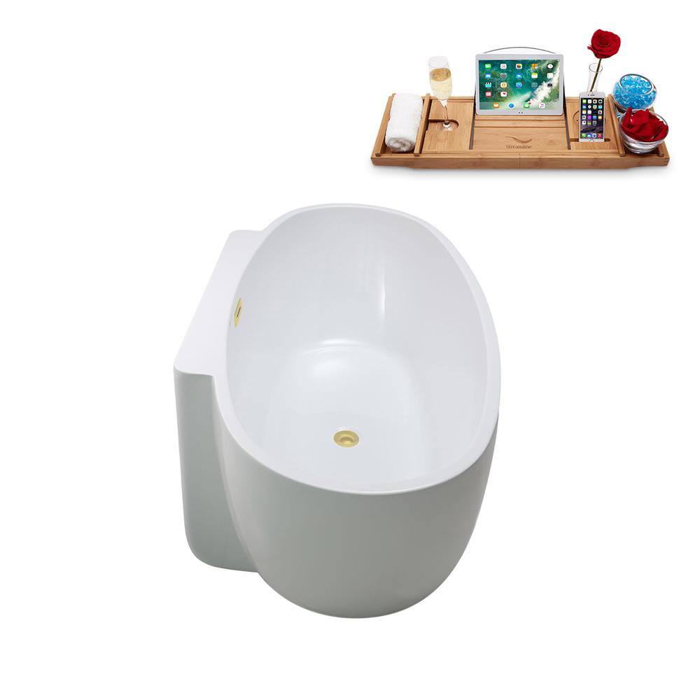 59" Glossy White Acrylic Freestanding Soaking Bathtub with Polished Brass Drain