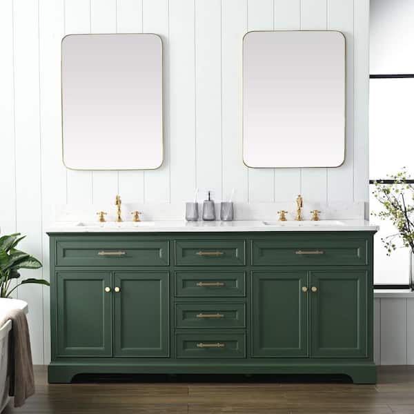 SUDIO Thompson 72 in. W x 22 in. D Bath Vanity in Evergreen with Engineered Stone Top in Carrara White with White Sinks