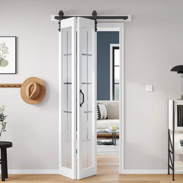 36 in. x 84 in. Full Lite Pre Assembled Frosted Glass Solid Core Wood White Finished Bi-Fold Door with Hardware