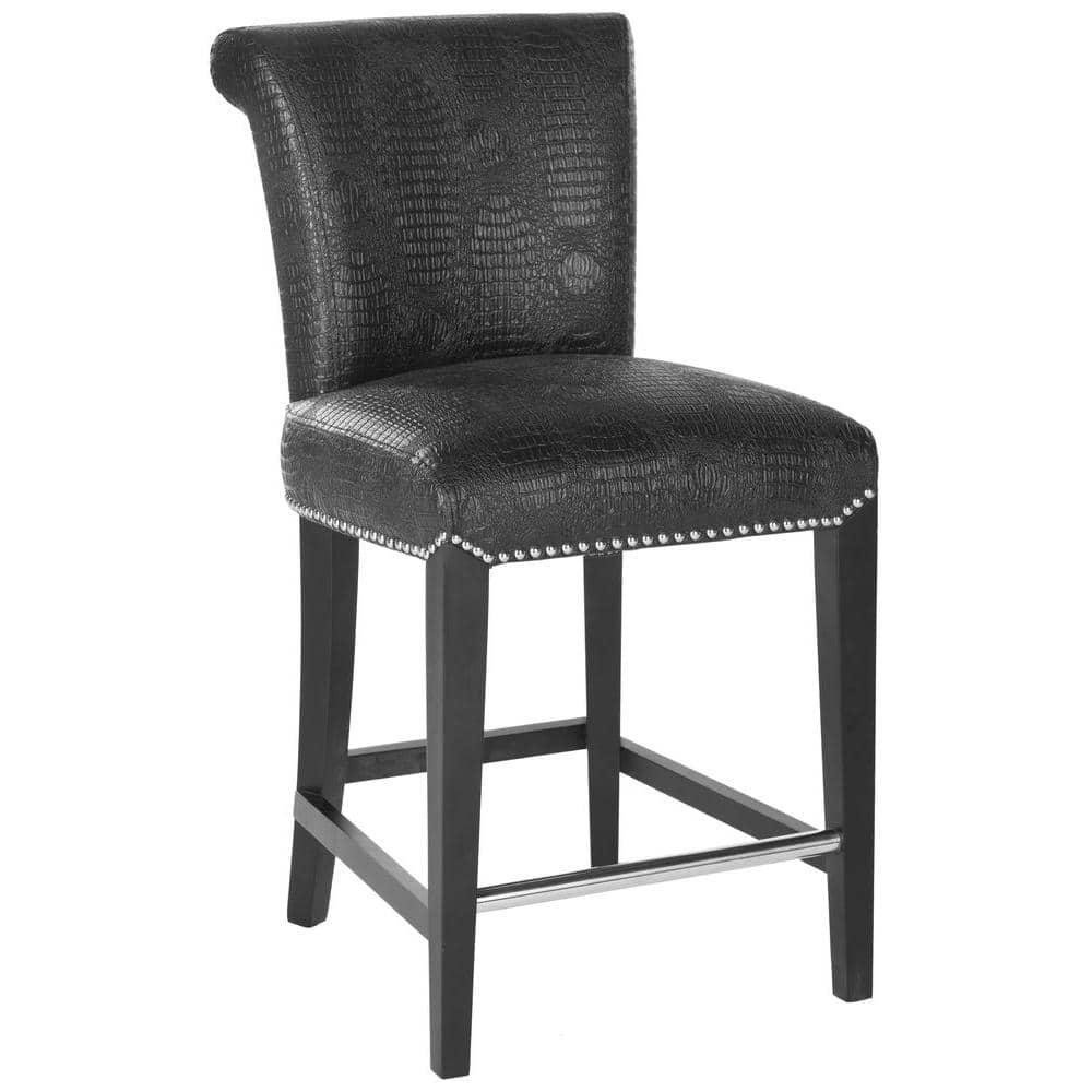 Transitional Birchwood Black Leather Counter Stool with Crocodile Pattern