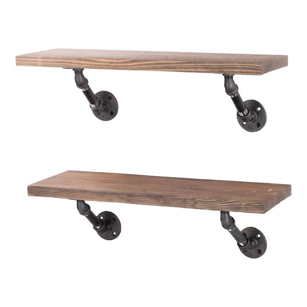 PIPE DECOR 24 in. x 7.5 in. x 6.75 in. Sunset Brown Restore Wood Decorative Wall Shelf with Industrial Steel Pipe Brackets