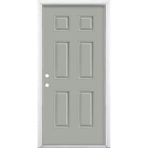 36 in. x 80 in. 6-Panel Silver Cloud Right-Hand Inswing Painted Smooth Fiberglass Prehung Front Door with Brickmold