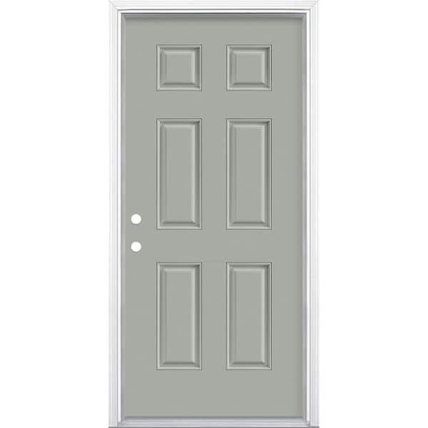 Masonite 36 in. x 80 in. 6-Panel Silver Cloud Right-Hand Inswing Painted Smooth Fiberglass Prehung Front Door with Brickmold
