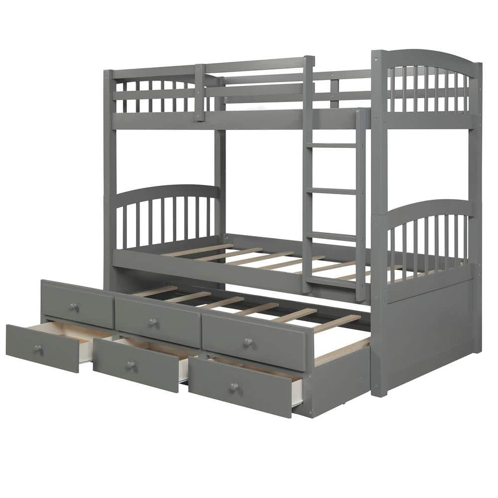 Gray Twin Bunk Bed with Ladder, Safety Rail, Twin Trundle Bed with 3 ...