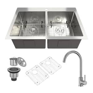 33 in. Drop-In Undermount Double Bowls 18-Gauge Brushed Stainless Steel Kitchen Sink with Faucet and Accessories