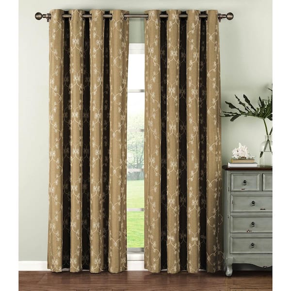 Window Elements Semi-Opaque Geo Gate Embroidered Faux Linen Extra Wide 84 in. L Grommet Curtain Panel Pair, Natural (Set of 2)