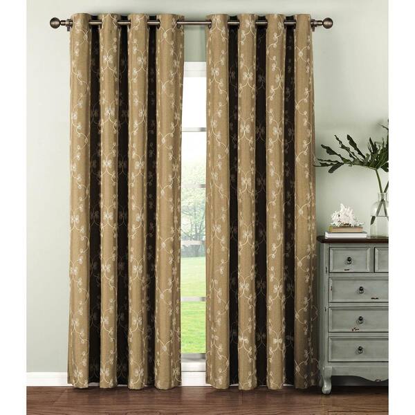 Window Elements Semi-Opaque Geo Gate Embroidered Faux Linen Extra Wide 96 in. L Grommet Curtain Panel Pair, Natural (Set of 2)
