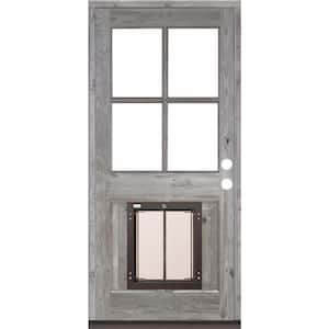 32 in. x 80 in. Knotty Alder Left-Hand/Inswing 4-Lite Clear Glass Grey Stain Wood Prehung Front Door with Large Dog Door