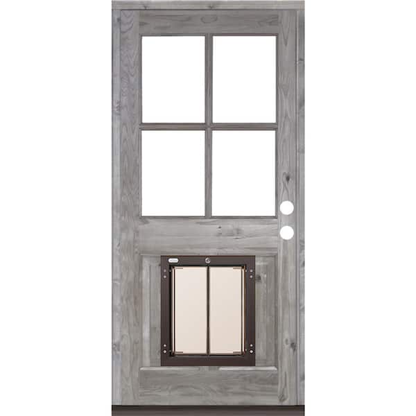 Krosswood Doors 36 in. x 80 in. Left-Hand 4 Lite Clear Glass Grey Stained Wood Prehung Door with Large Dog Door