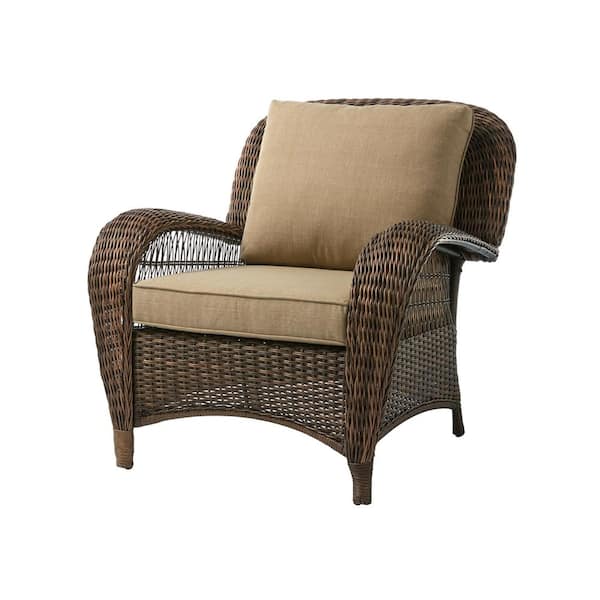 Hampton Bay Beacon Park Brown Wicker Outdoor Patio Stationary Lounge Chair with Toffee Tan Cushions