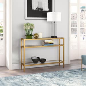 Sivil 42 in. Brass Standard Rectangle Glass Console Table with Storage